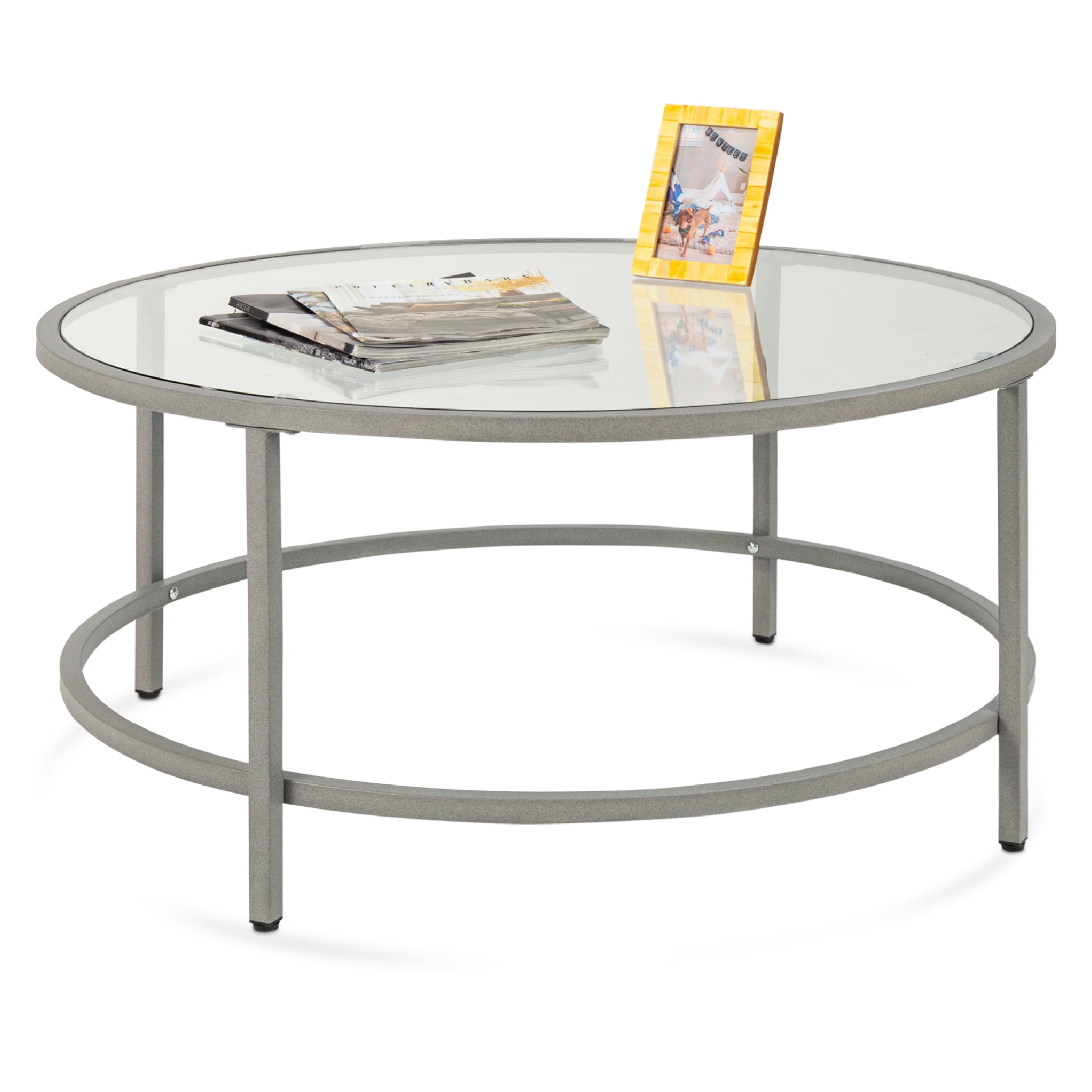 Elegant 39'' Round Tempered Glass Metal Coffee Table in Gray