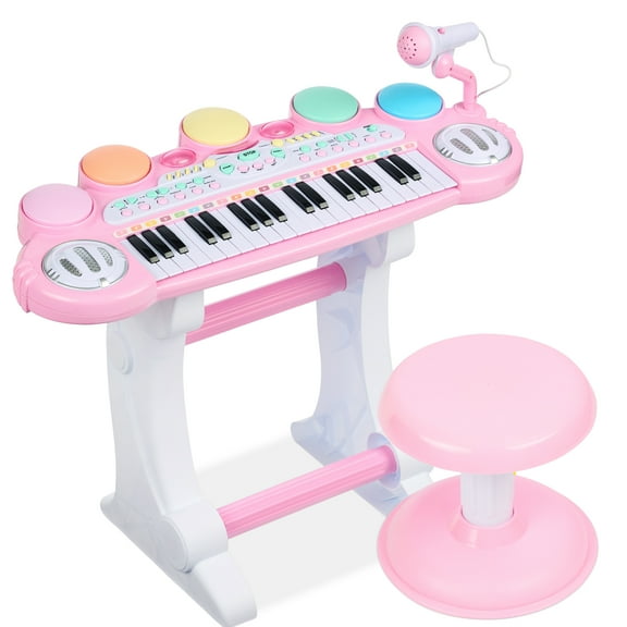 Best Choice Products 37-Key Kids Electronic Piano Keyboard w/ Multiple Sounds, Lights Microphone, Stool - Light Pink