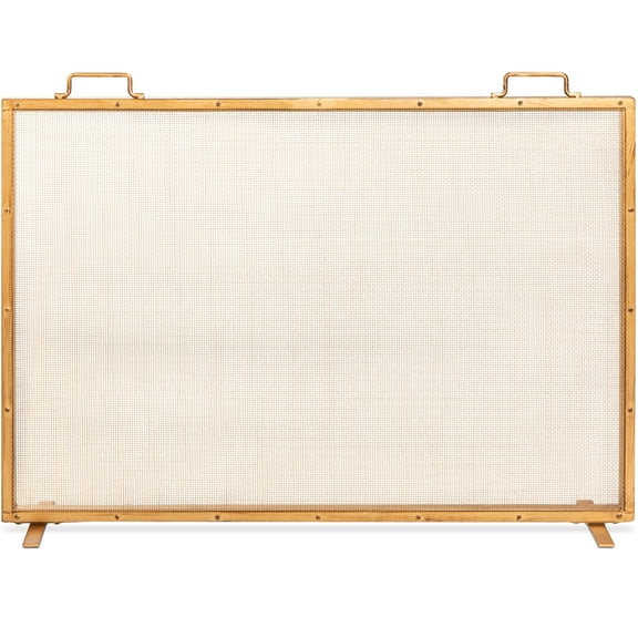 Best Choice Products 38x27in Single Panel Fireplace Screen Handcrafted Steel Mesh Spark Guard w/ Handles - Antique Gold