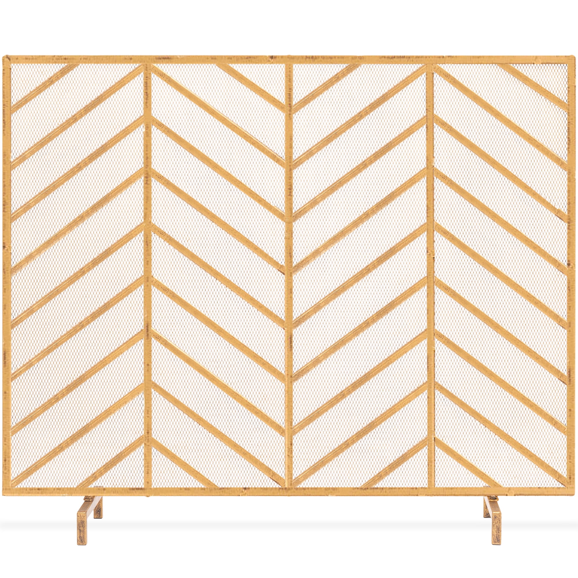 Antique Gold Chevron Iron Mesh Single Panel Fireplace Screen