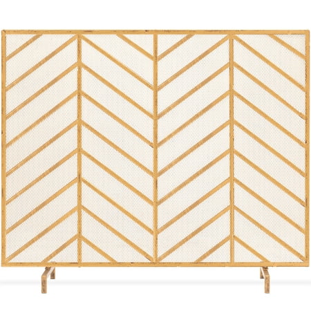 Best Choice Products 38x31in Single Panel Handcrafted Iron Chevron Fireplace Screen w/ Distressed Finish - Gold