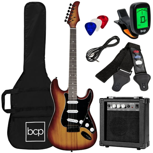 Best Choice Products 39in Full Size Beginner Electric Guitar Kit with Case, Strap, Amp, Whammy Bar - Bourbon