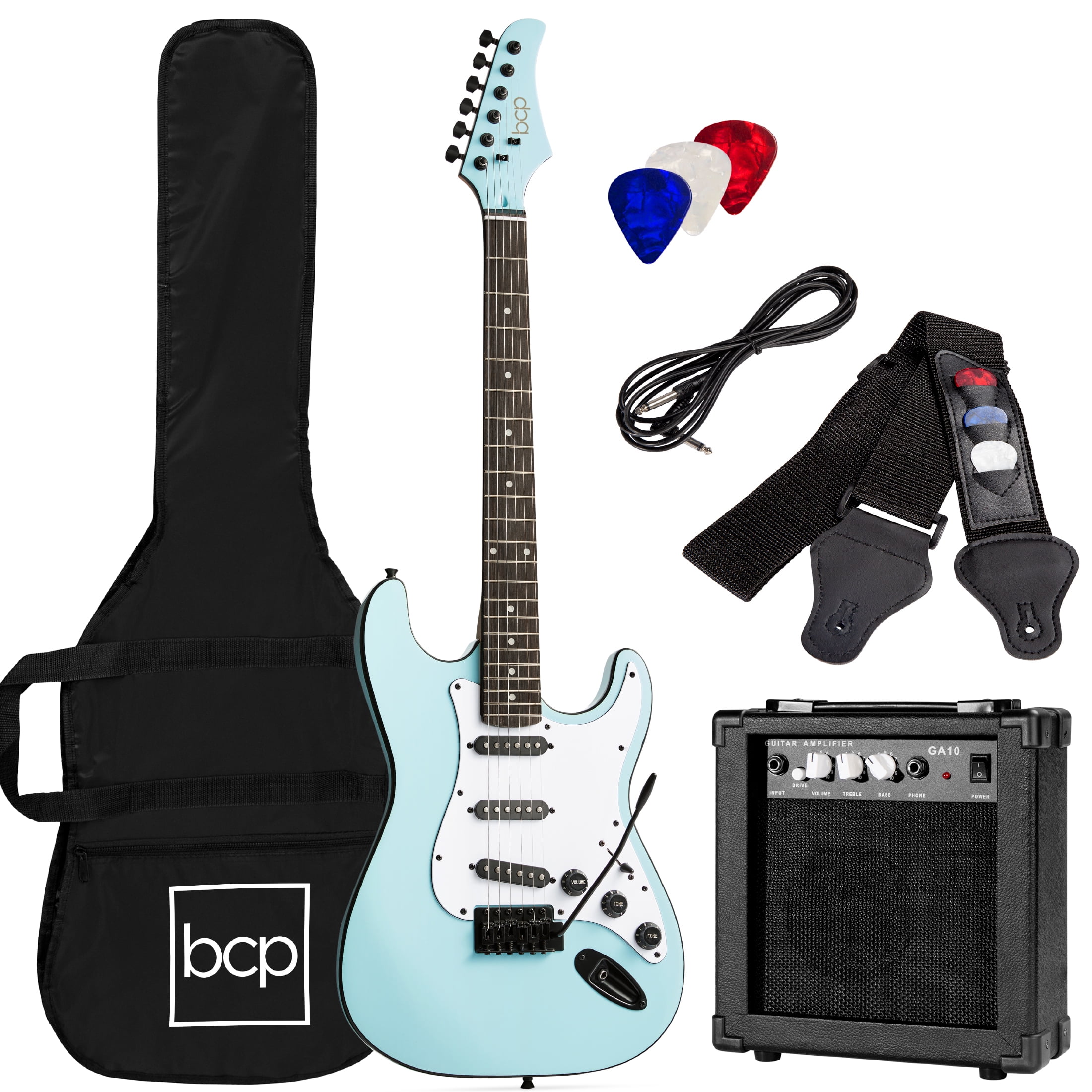 Best Choice Products 39in Full Size Beginner Electric Guitar Kit with Case, Strap, Amp, Whammy Bar - Powder Blue Best Choice Products 39in Full Size Beginner Electric Guitar Kit with Case, Strap, Amp, Whammy Bar - Powder Blue