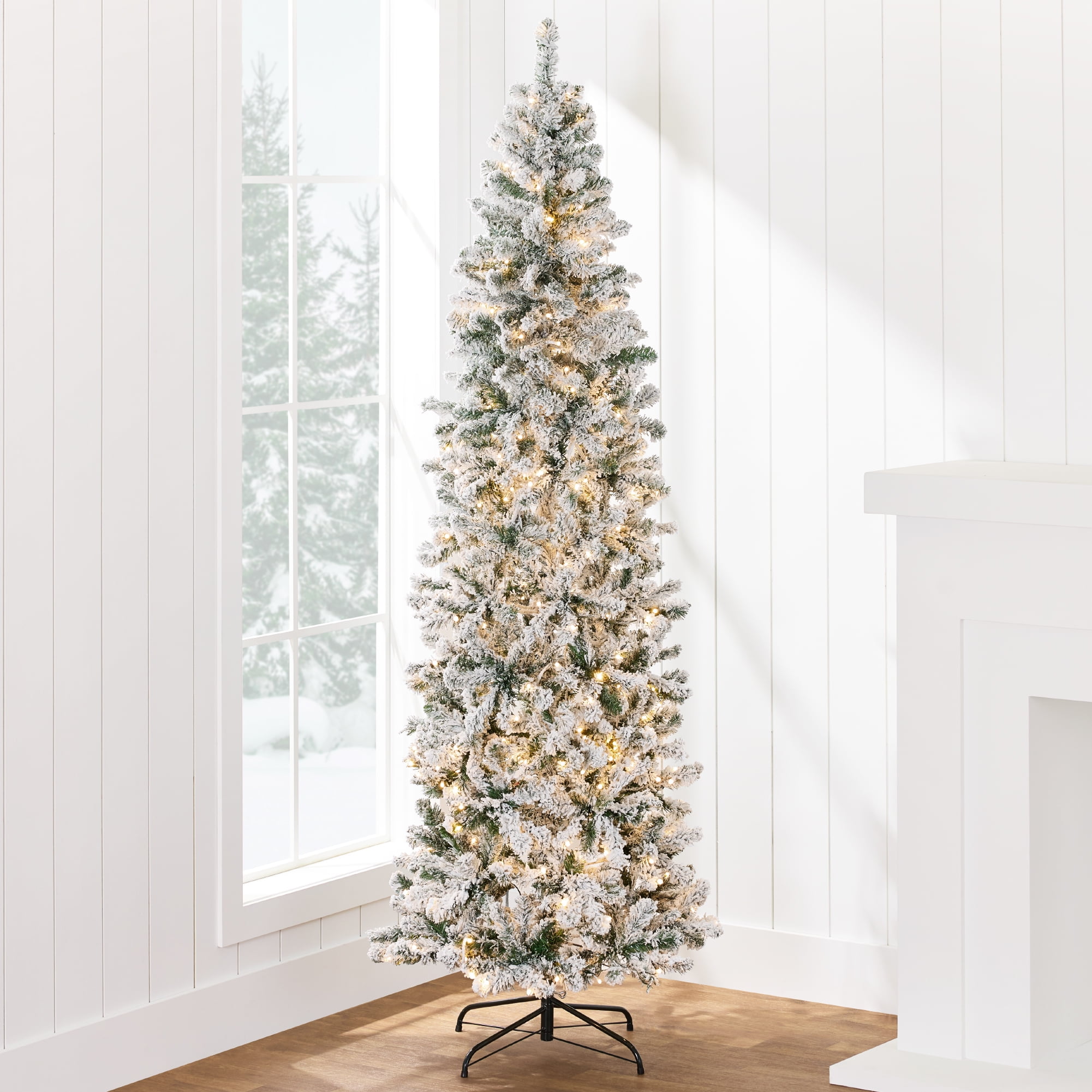 4.5ft White Snow Flocked Pre-Lit Pencil Christmas Tree