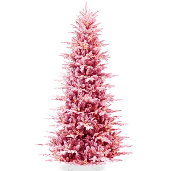 Best Choice Products 4.5ft Pre-Lit Flocked Artificial Aspen Noble Fir Christmas Tree w/750 Branch Tips, 150 LED Lights - Pink