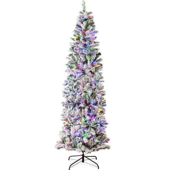 Best Choice Products 4.5ft Prelit Artificial Snow Flocked Pencil Christmas Tree 150 Multicolored/ Warm-White Light Modes