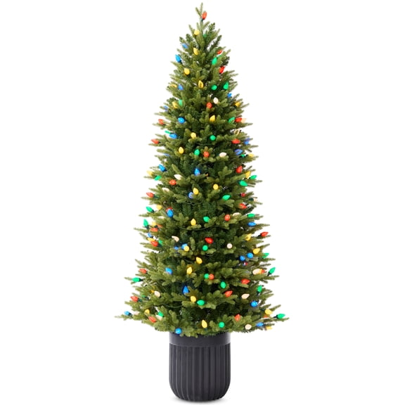 Best Choice Products 4.5ft Prelit Potted Pencil Christmas Tree w/ Twinkling C7 Lights Artificial Holiday Decor 175 Bulbs