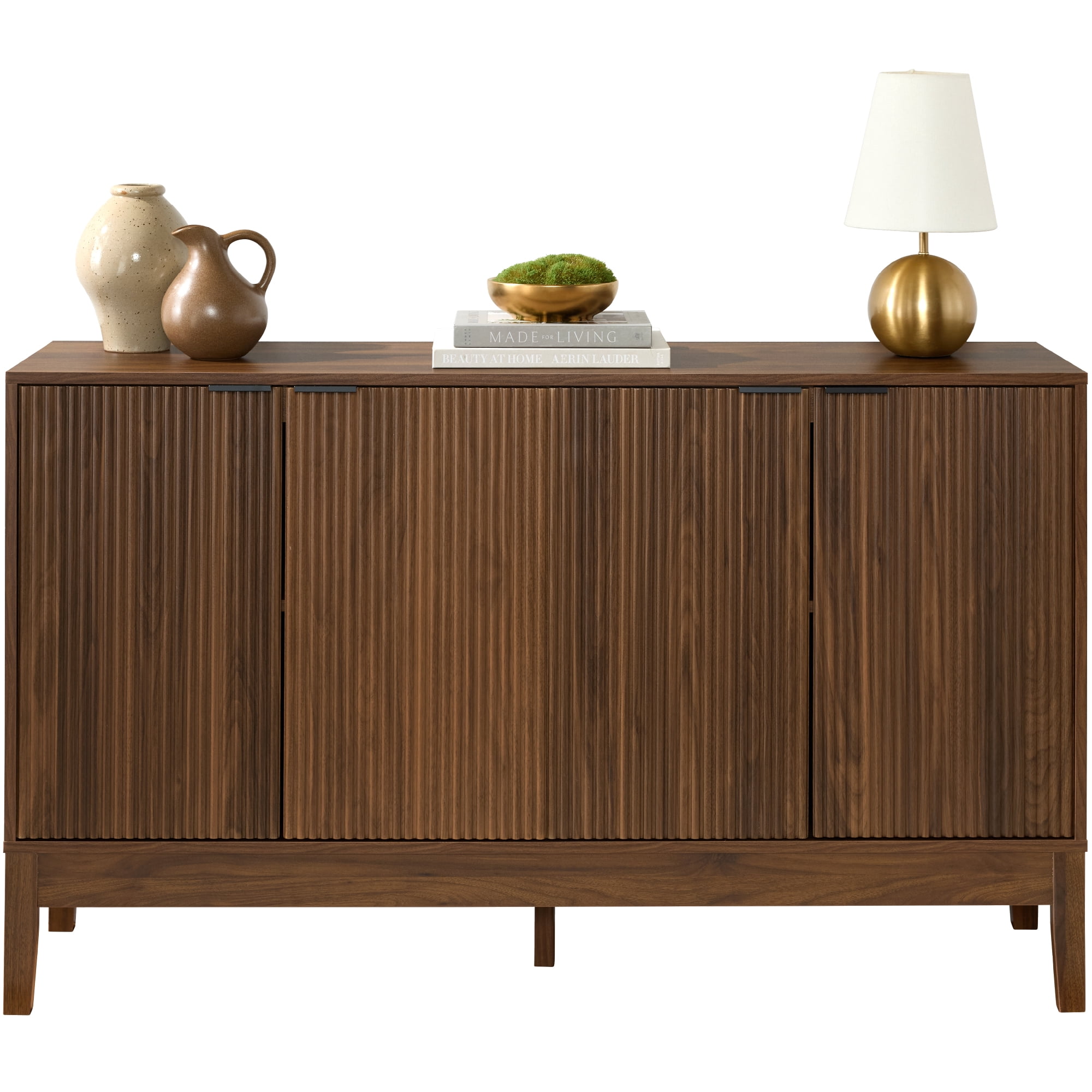Best Choice Products 4-Door Reeded Storage Cabinet w/ Soft-Close Doors, Multipurpose Accent Furniture - Walnut