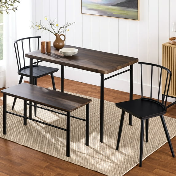 Best Choice Products 4-Piece Farmhouse Dining Table Set w/ 2 Black Spindle Chairs, Bench, Kitchen Table - Dark Brown