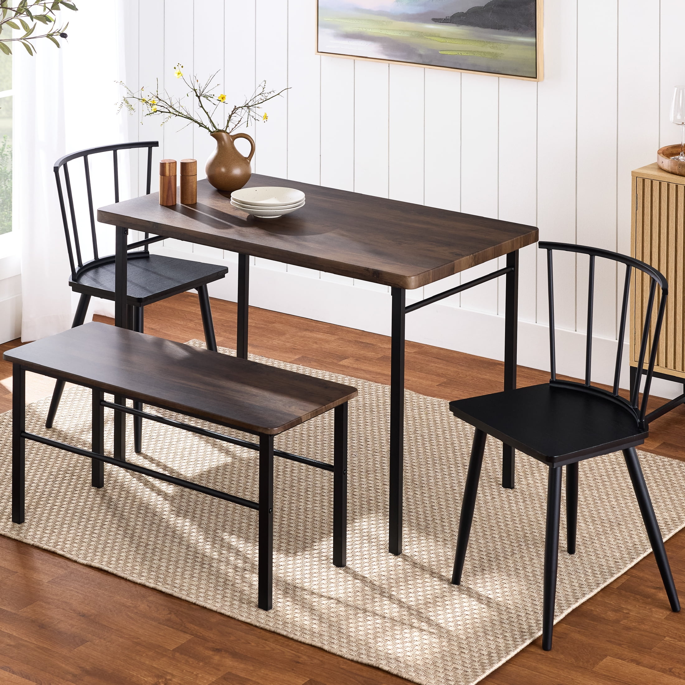 Best Choice Products 4-Piece Farmhouse Dining Table Set w/ 2 Black Spindle Chairs, Bench, Kitchen Table - Dark Brown