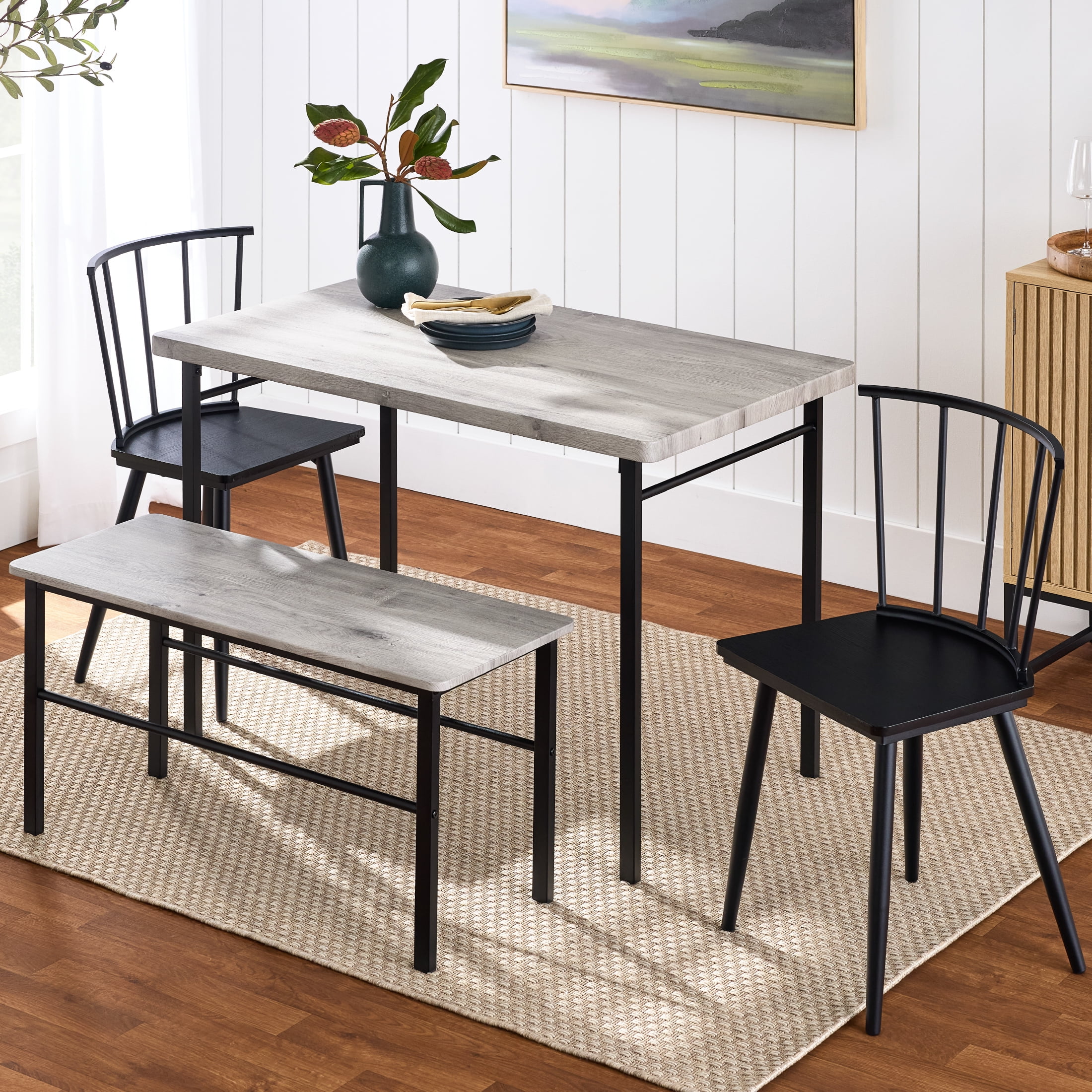 Gray and Black Metal Farmhouse Dining Set with Bench