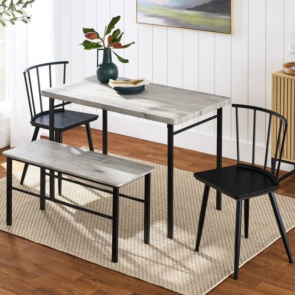 Best Choice Products 4-Piece Farmhouse Dining Table Set w/ 2 Black Spindle Chairs, Bench, Kitchen Table - Gray