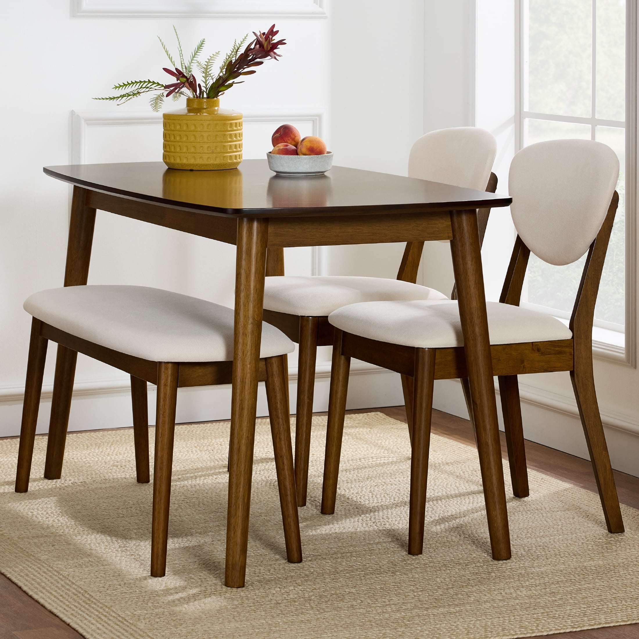 Walmart Coupons of Best Choice Products 4-Piece Mid-Century Modern Upholstered Wooden Dining Set w/ 2 Chairs, Bench - Walnut/Cream