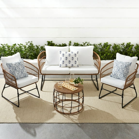 Best Choice Products 4-Piece Outdoor Rope Wicker Patio Conversation Furniture Set w/ Loveseat, Cushions, Table - White
