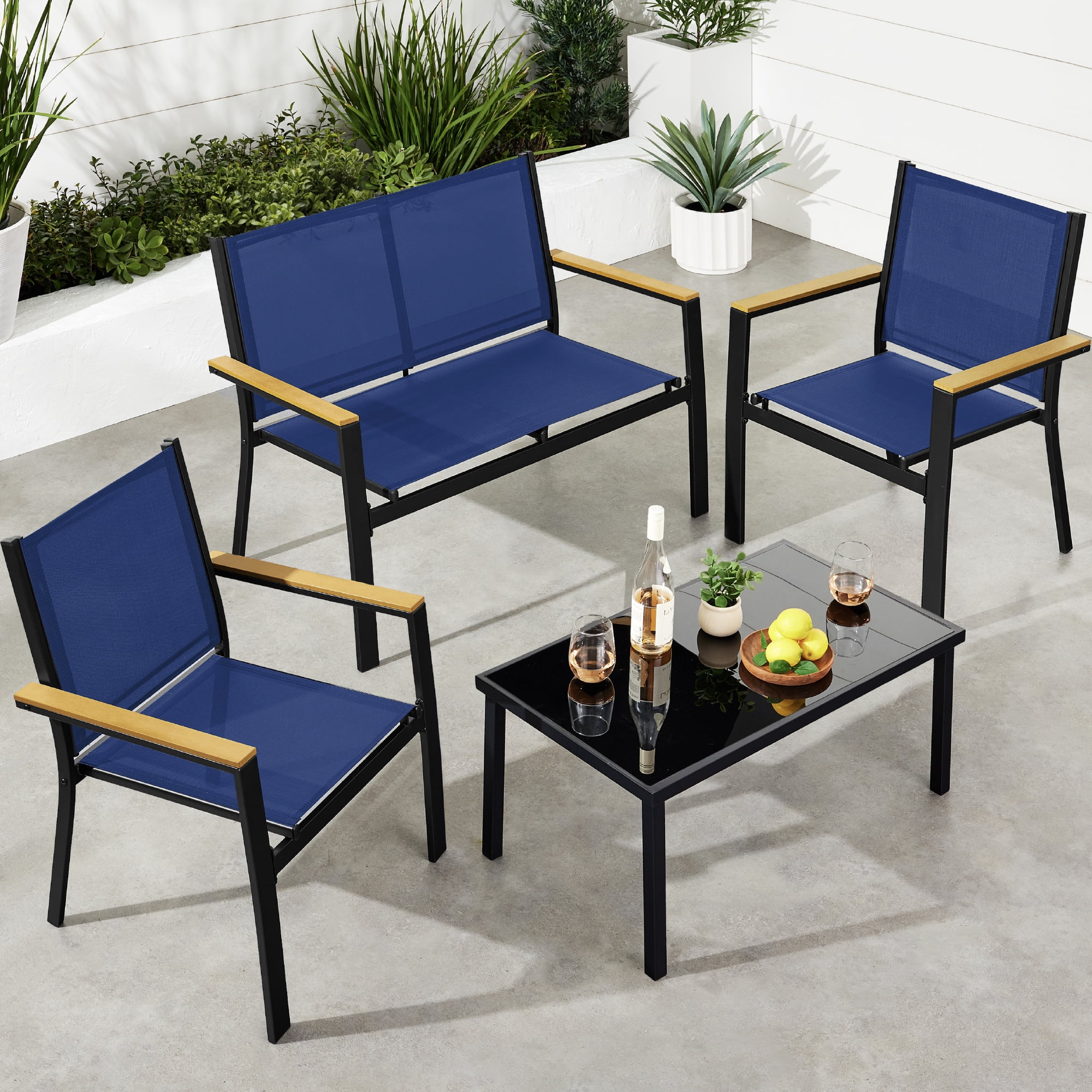 Best Choice Products 4-Piece Outdoor Textilene Patio Conversation Furniture Set w/ Loveseat, Table - Black/Navy