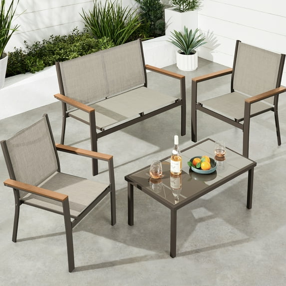 Best Choice Products 4-Piece Outdoor Textilene Patio Conversation Furniture Set w/ Loveseat, Table - Brown/Tan