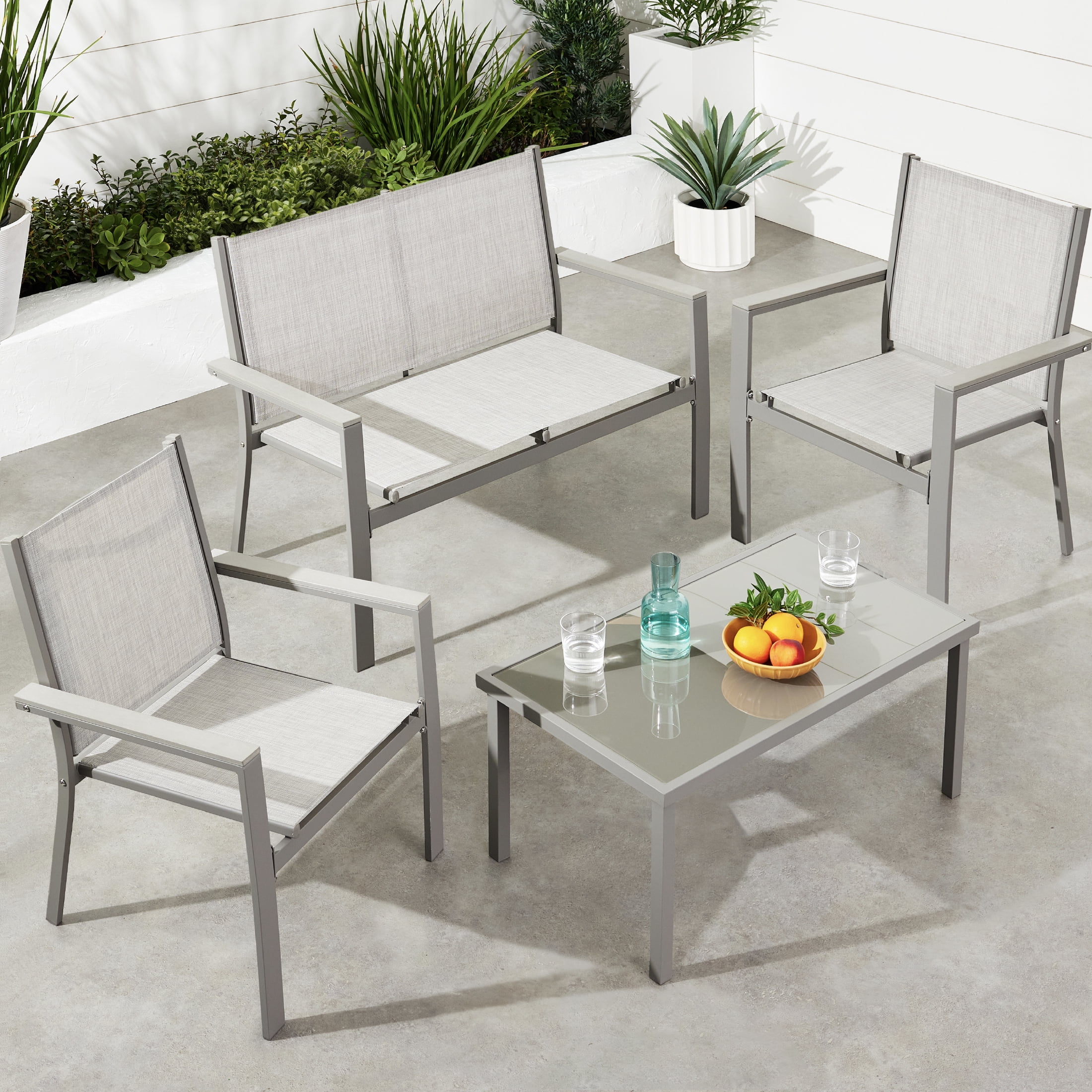Gray Steel 4-Piece Patio Conversation Set with Armchairs and Coffee Table