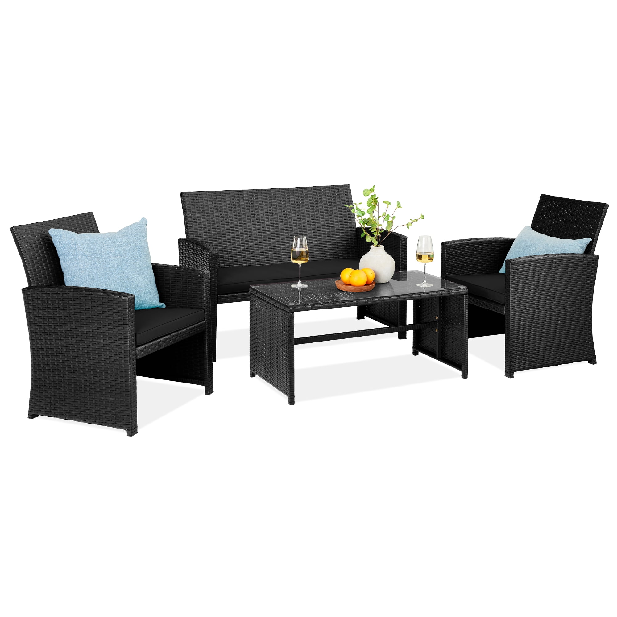 Walmart sales :  Best Choice Products 4-Piece Outdoor Wicker Patio Conversation Furniture Set w/ Table, Cushions - Black/Black