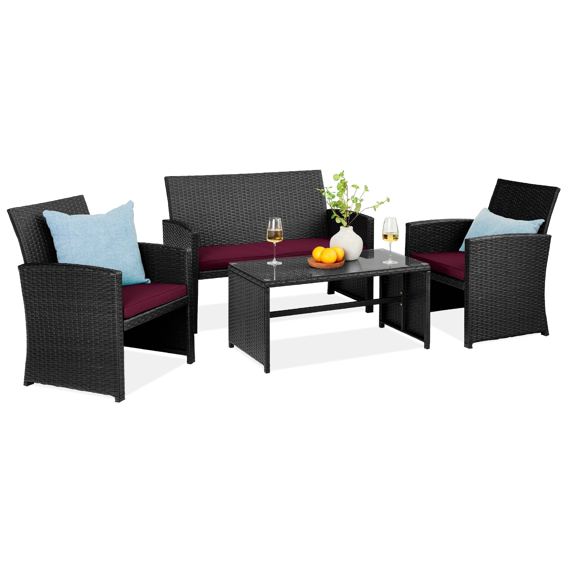 Black and Deep Burgundy Wicker 4-Piece Patio Conversation Set with Cushions