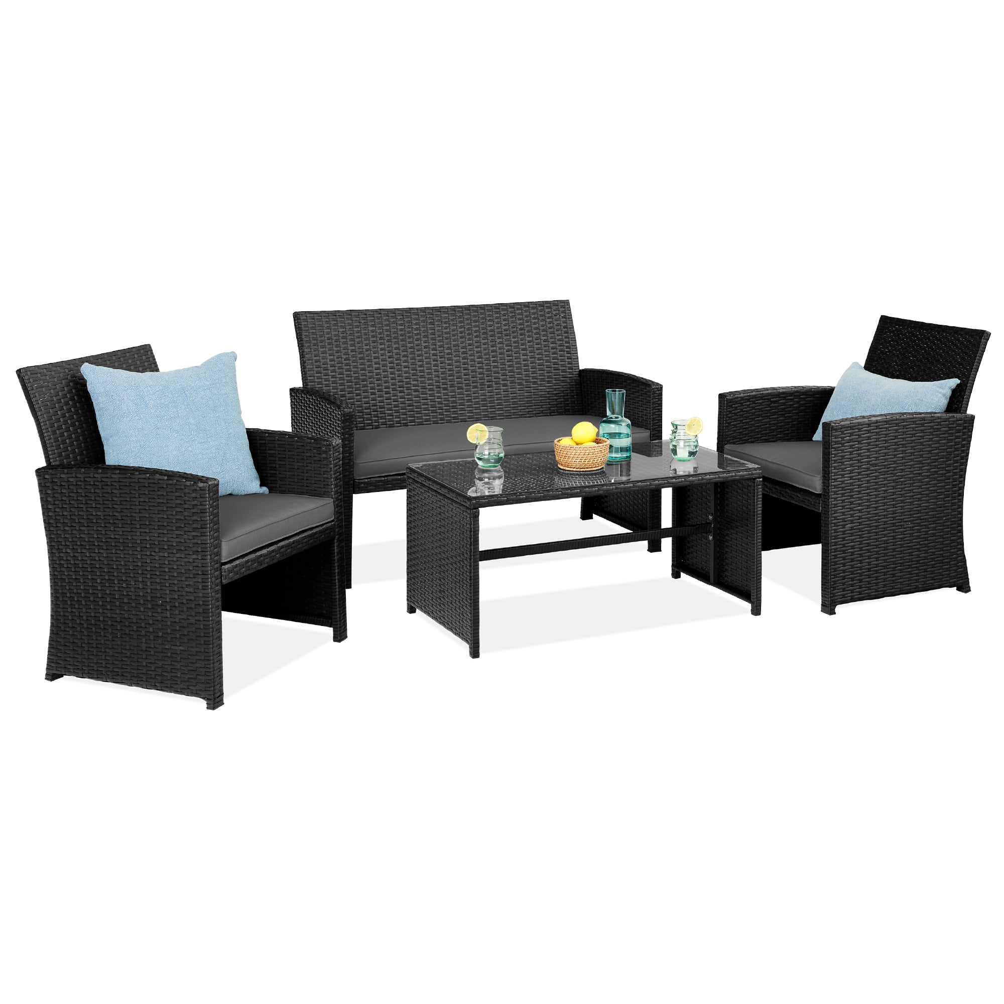 Black and Gray 4-Piece Wicker Patio Conversation Set with Cushions