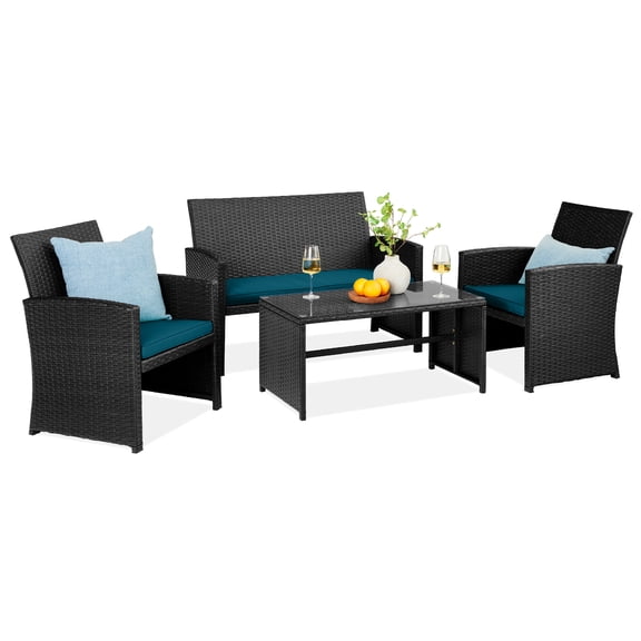 Best Choice Products 4-Piece Outdoor Wicker Patio Conversation Furniture Set w/ Table, Cushions - Black/Peacock