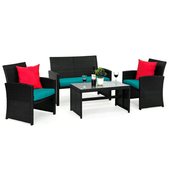 Best Choice Products 4-Piece Outdoor Wicker Patio Conversation Furniture Set w/ Table, Cushions - Black/Teal