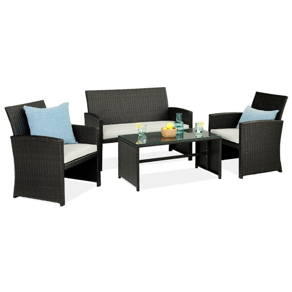 Best Choice Products 4-Piece Outdoor Wicker Patio Conversation Furniture Set w/ Table, Cushions - Black/White Sand