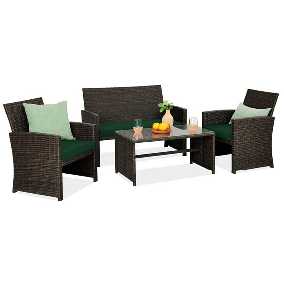 Best Choice Products 4-Piece Outdoor Wicker Patio Conversation Furniture Set w/ Table, Cushions - Brown/Midnight Green