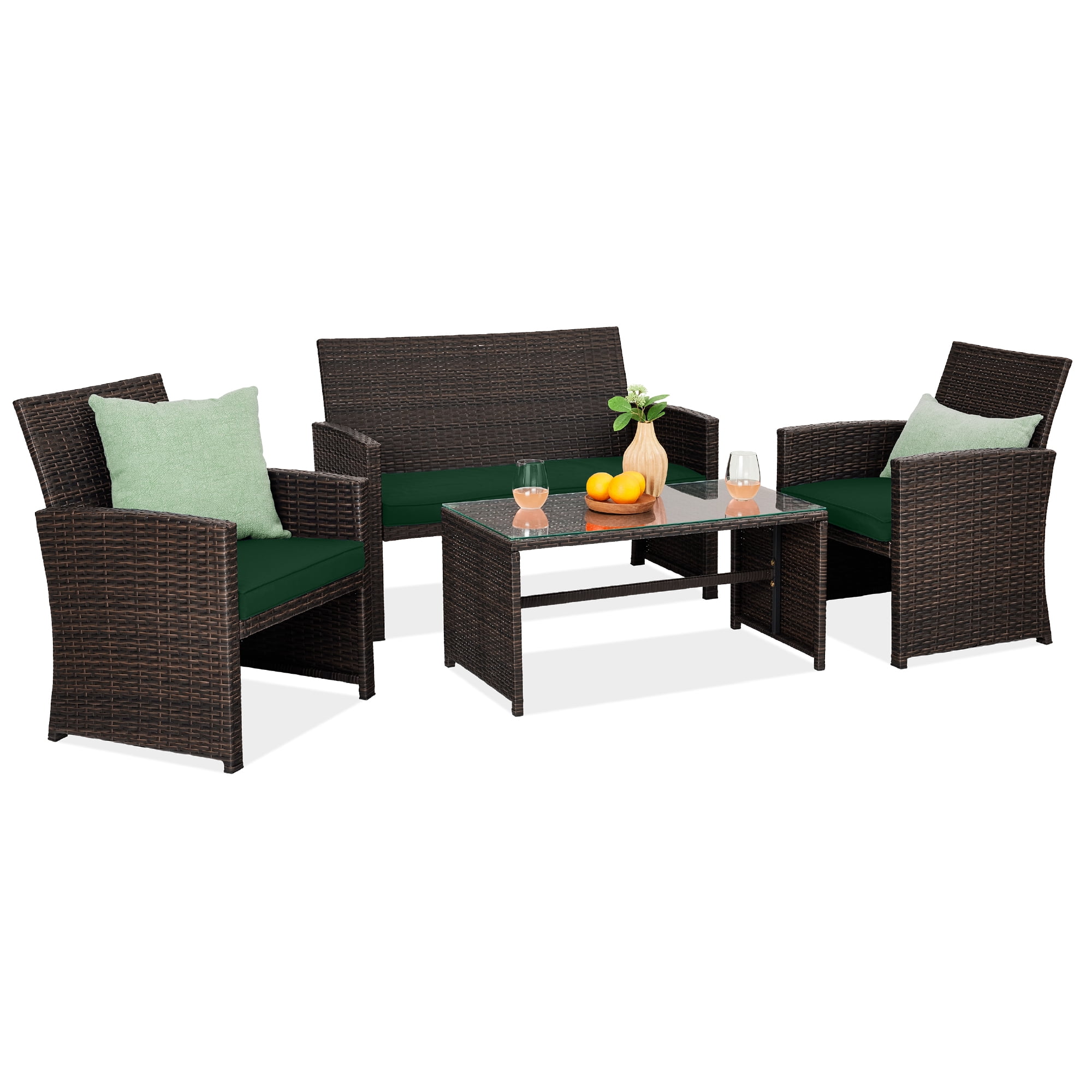 Best Choice Products 4-Piece Outdoor Wicker Patio Conversation Furniture Set w/ Table, Cushions - Brown/Midnight Green