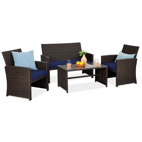 Best Choice Products 4-Piece Outdoor Wicker Patio Conversation Furniture Set w/ Table, Cushions - Brown/Navy