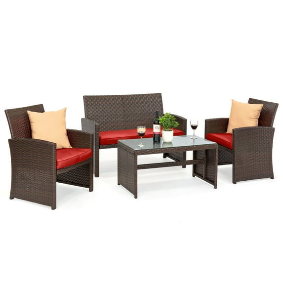 Best Choice Products 4-Piece Outdoor Wicker Patio Conversation Furniture Set w/ Table, Cushions - Brown/Red