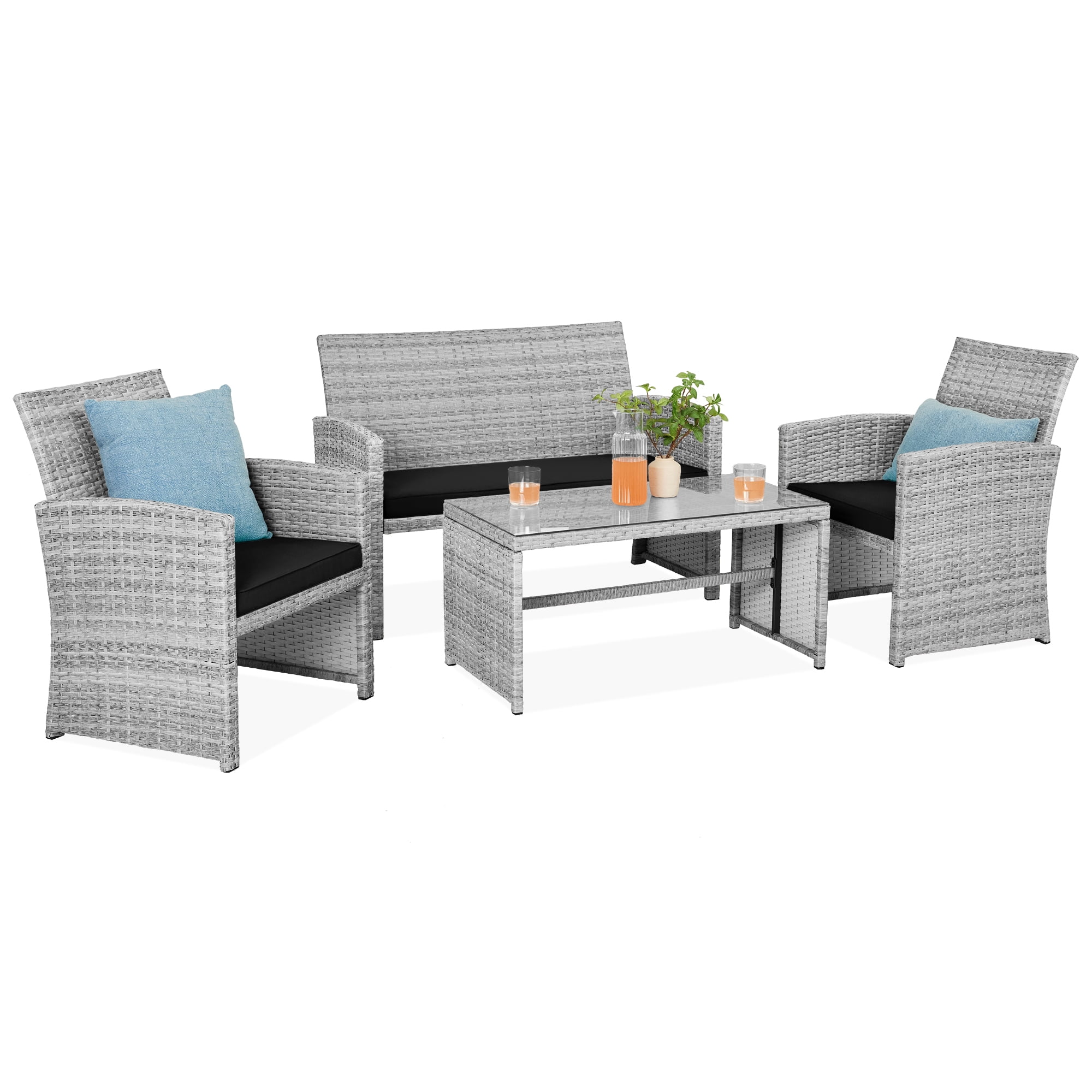Gray and Black Wicker 4-Piece Patio Conversation Set with Cushions