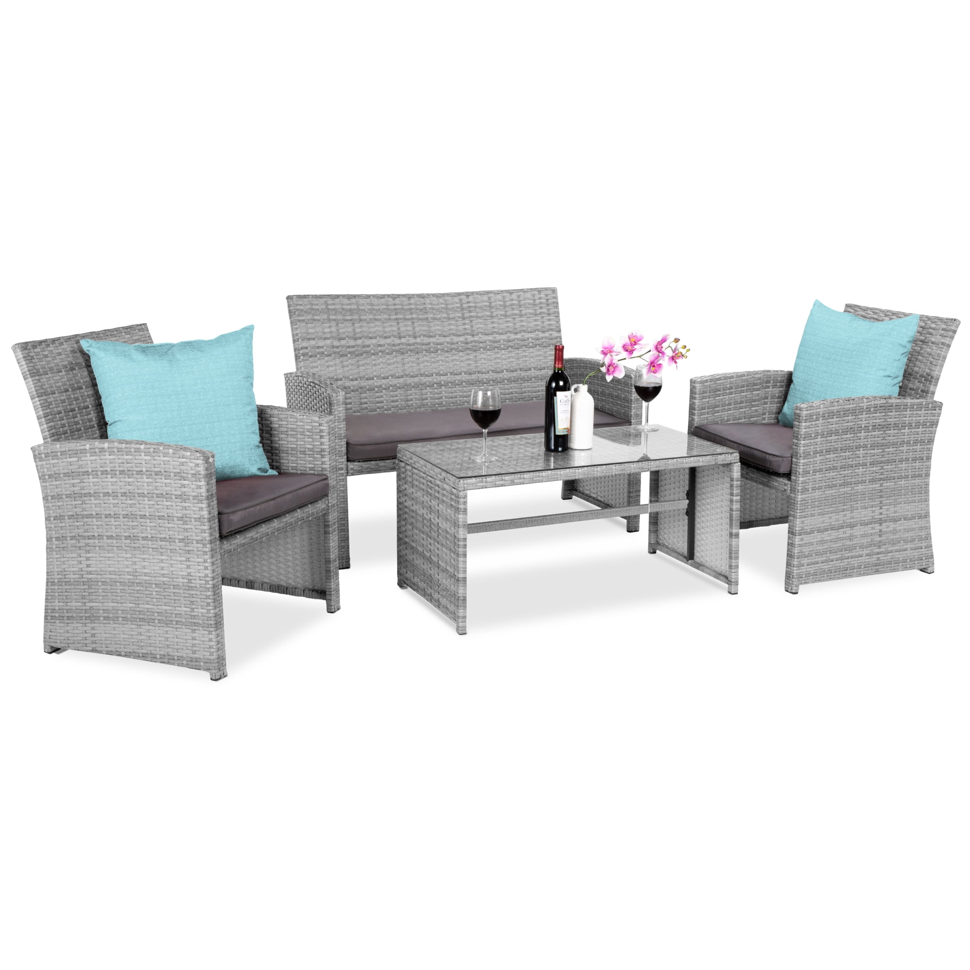 Gray 4-Piece Outdoor Wicker Patio Conversation Set with Cushions and Glass Table