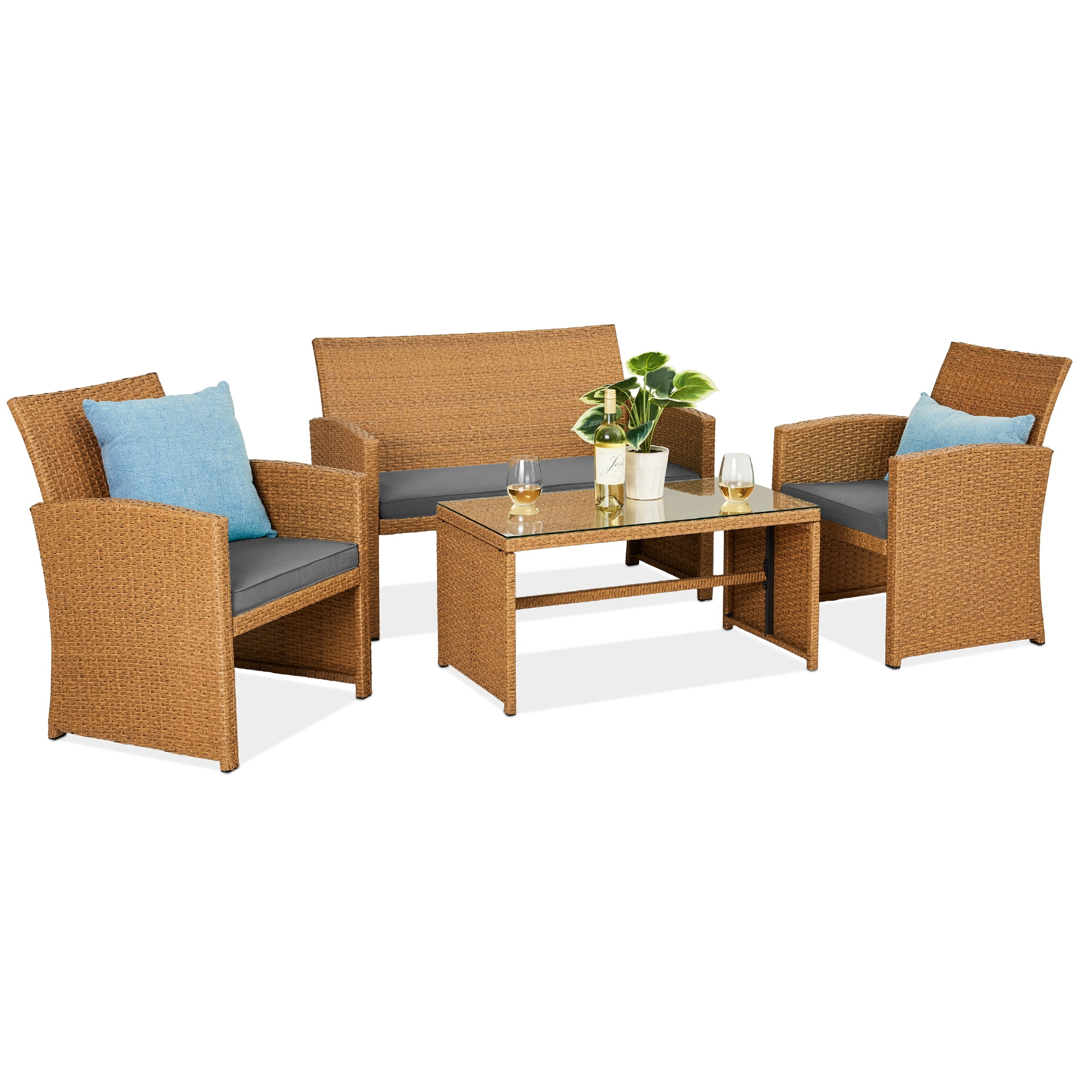 Natural Wicker 4-Piece Patio Conversation Set with Gray Cushions