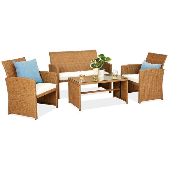 Best Choice Products 4-Piece Outdoor Wicker Patio Conversation Furniture Set w/ Table, Cushions - Natural/Ivory