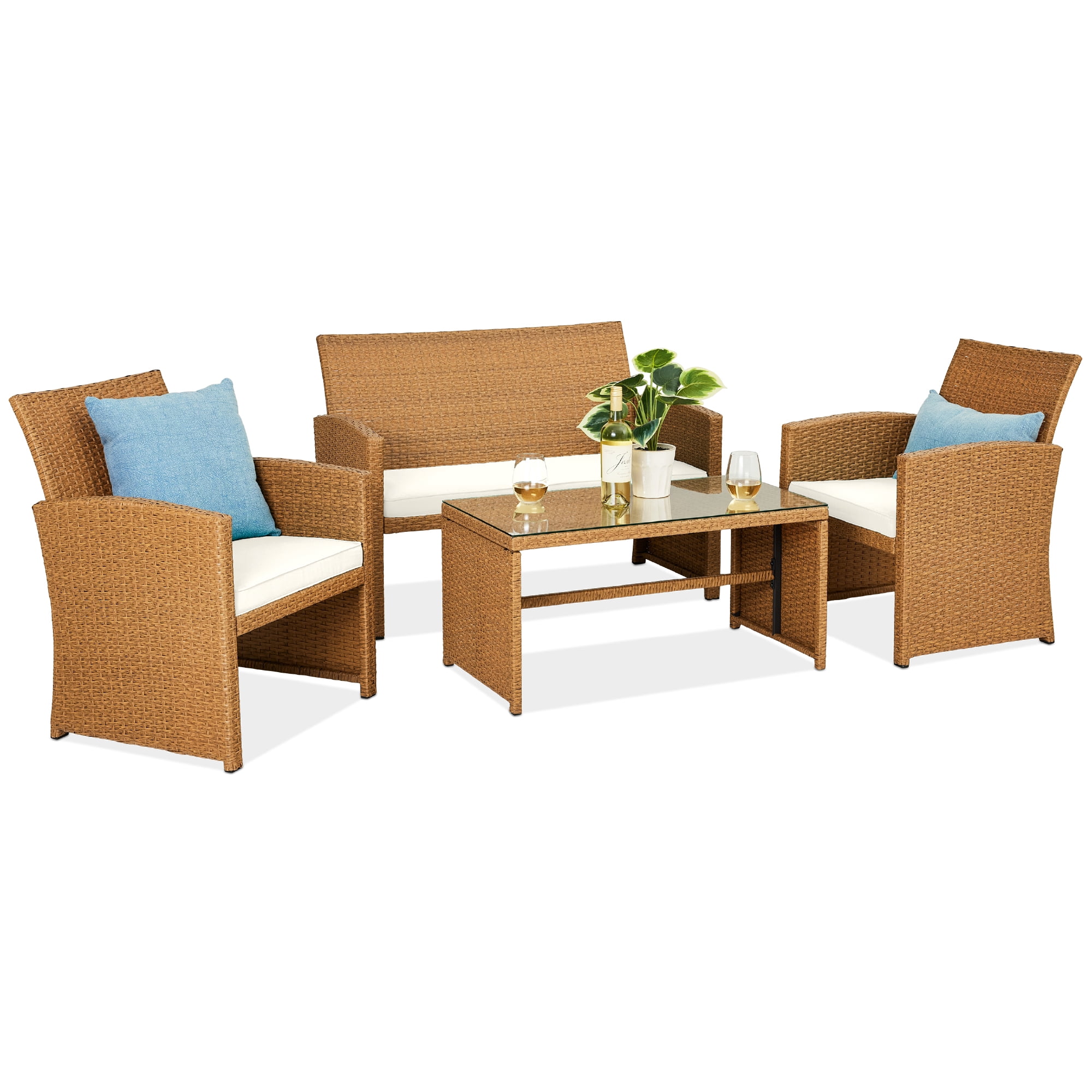 Natural Wicker 4-Piece Patio Conversation Set with Ivory Cushions