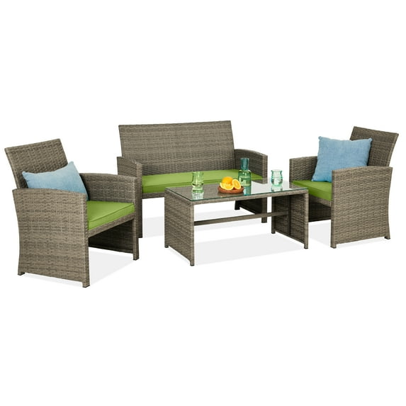 Best Choice Products 4-Piece Outdoor Wicker Patio Conversation Furniture Set w/ Table, Cushions - Taupe/Pistachio