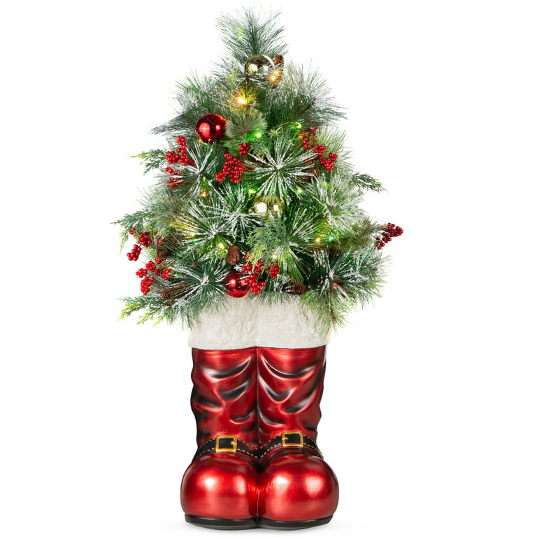 Best Choice Products 40in Santa Boots Decoration w/ Pre-Decorated Christmas Greenery, Battery-Operated Lights