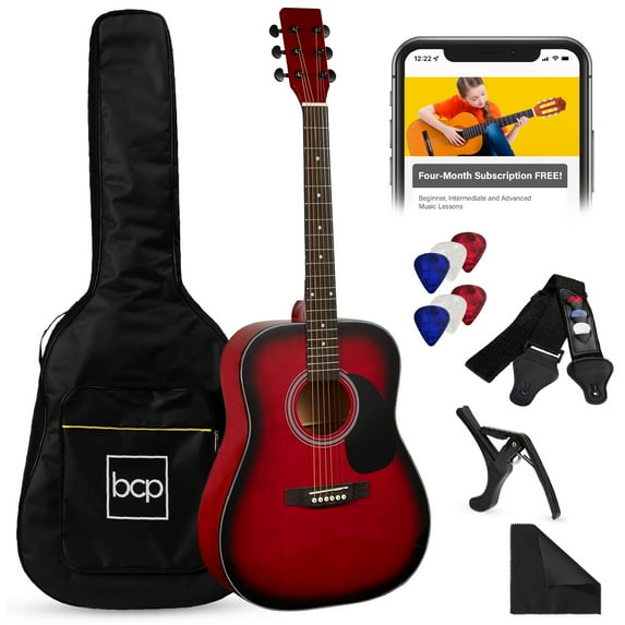Best Choice Products 41in Full Size All-Wood Acoustic Guitar Starter Kit w/Gig Bag, E-Tuner, Pick, Strap - Red Burst