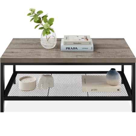 Best Choice Products 44in 2-Tier Modern Industrial Rectangular Wood Coffee Table w/ Mesh Shelf, Metal Frame - Gray