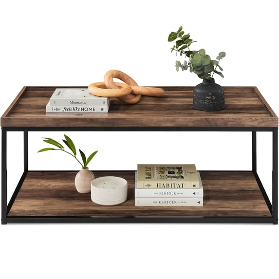 Best Choice Products 44in 2-Tier Rectangular Tray Top Coffee Table, Accent Furniture w/ Metal Frame, Shelf - Brown