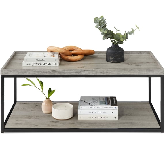 Best Choice Products 44in 2-Tier Rectangular Tray Top Coffee Table, Accent Furniture w/ Metal Frame, Shelf - Gray
