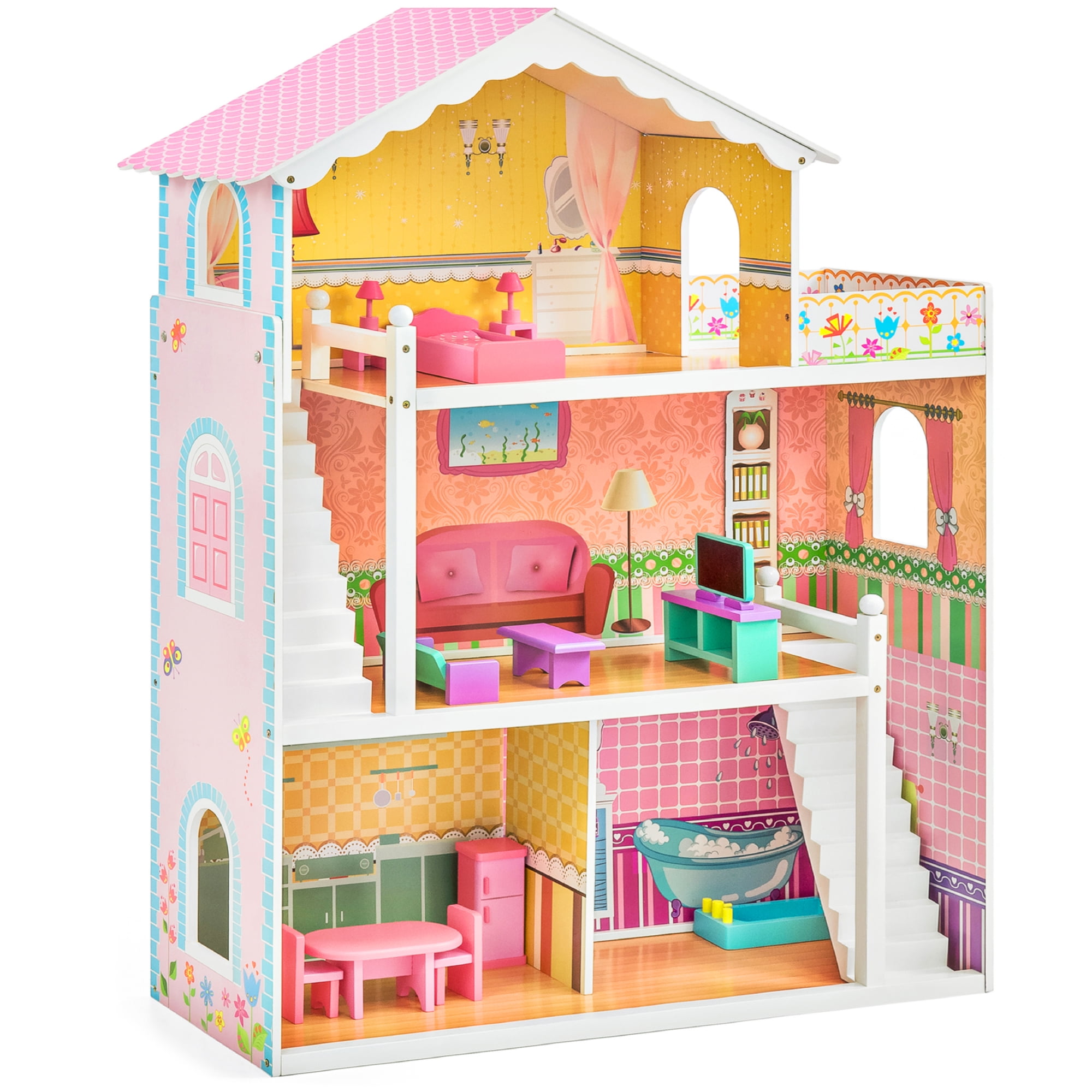 Best Choice Products 44in 3-Story Wood Dollhouse, Large Open Mansion w/ 5  Colorful Rooms, 17 Furniture Pieces 