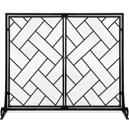 Best Choice Products 44x33in 2-Panel Handcrafted Wrought Iron Geometric Fireplace Screen w/ Magnetic Doors - Black