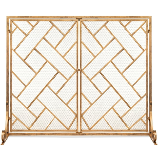 Best Choice Products 44x33in 2-Panel Handcrafted Wrought Iron Geometric Fireplace Screen w/ Magnetic Doors - Gold