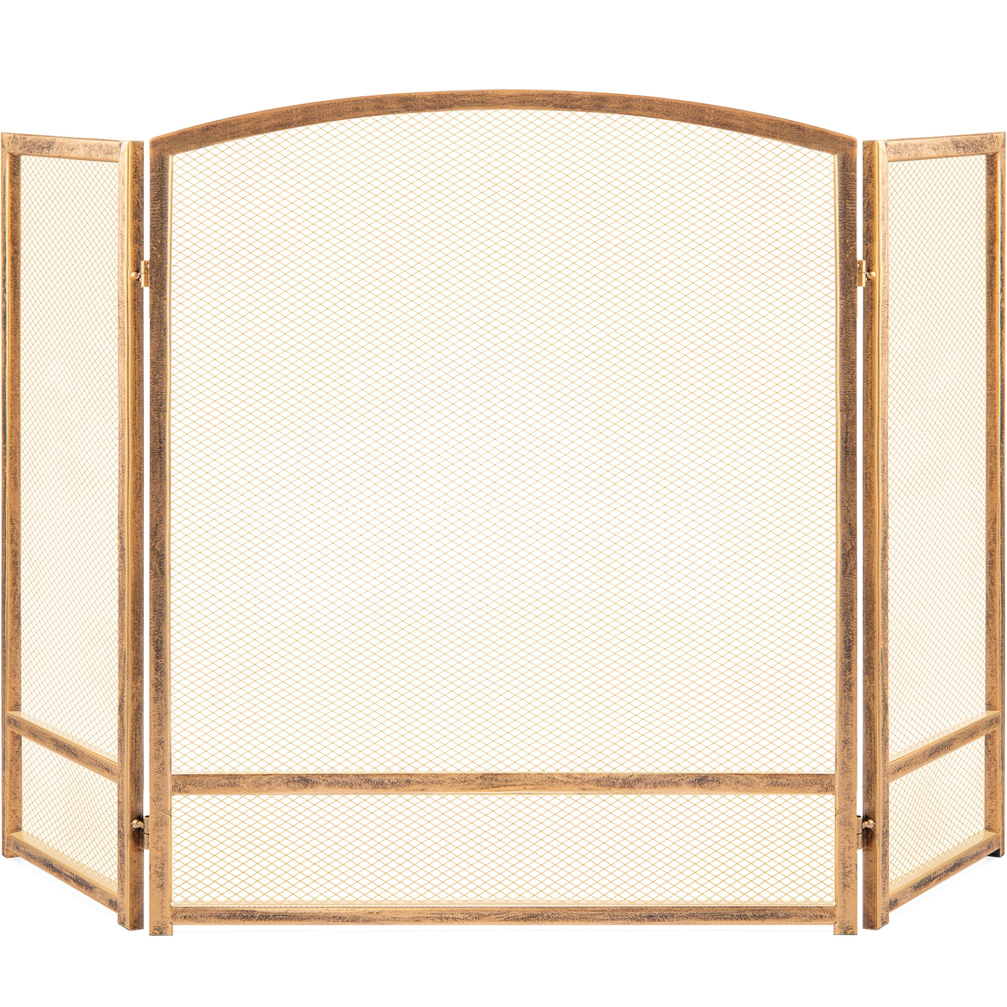 Antique Gold Three-Panel Steel Mesh Fireplace Screen