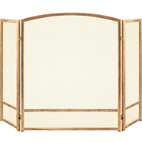 Best Choice Products 47.5x27.25in 3-Panel Steel Mesh Fireplace Screen, Spark Guard w/ Rustic Worn Finish - Antique Gold