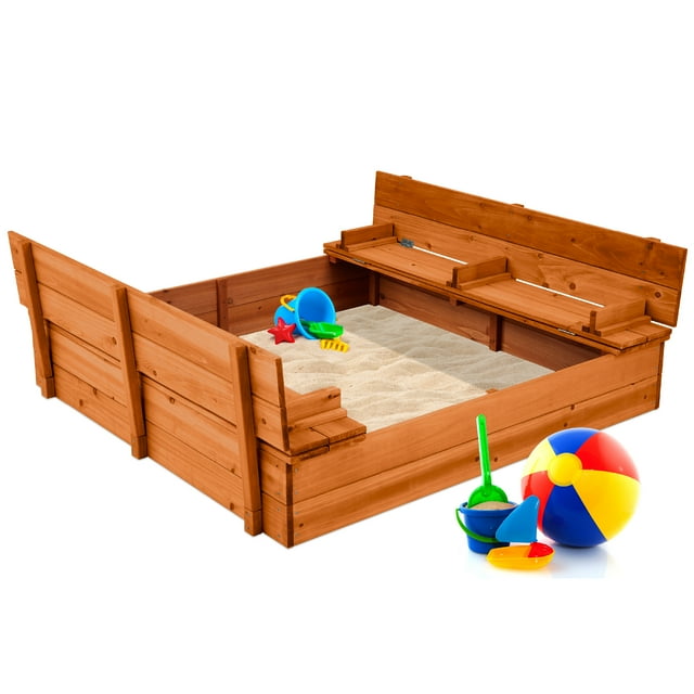 Best Choice Products 47x47-Inch Kids Wooden Outdoor Sandbox w/ 2 Foldable Bench Seats, Sand Protection, Liner - Brown