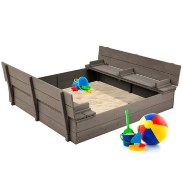 Best Choice Products 47x47-Inch Kids Wooden Outdoor Sandbox w/ 2 Foldable Bench Seats, Sand Protection, Liner - Gray