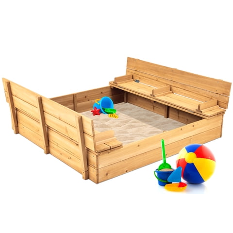 Best Choice Products Large Outdoor Wooden Sandbox for Kids with Cover and Bench Seats Support up to 220 lbs - Natural